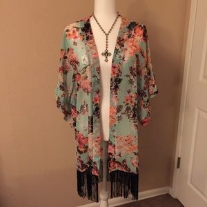 Beautiful Floral Kimono with Fringe